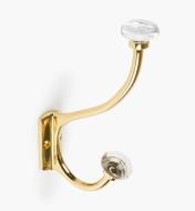 00W8550 - Polished Brass Coat Hook with Plain Crystal Knobs