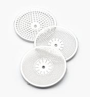 Trois disques interchangeables à perforations fines, moyennes ou grosses