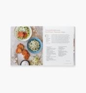 Open spread of Inspiralized showing recipe for tomatokeftedes and cauliflower tabuleh salad