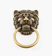 01A7387 - Grande poignée à anneau à tête de lion, laiton antique, 2 po