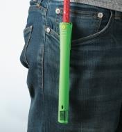 Pica-Pocket Holster clipped to jeans pocket, holding a pencil