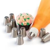 Set of 10 large piping tips sitting next to a decorated cupcake, with one tip attached to a piping bag, sold separately