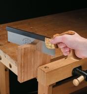 Using the 10" Dovetail Saw to cut dovetails in a boards held in a vise
