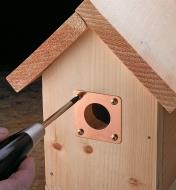 Using a screwdriver to install a portal protector on a birdhouse