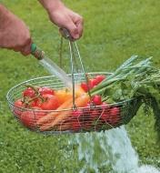 Large Gardener's Wash Basket filled with vegetables being rinsed with a hose