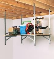 Hang tracks used with support brackets and fast-mount brackets to hang a shelf from joists 