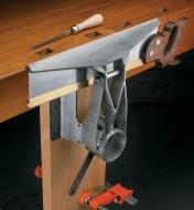 Gramercy Tools Saw Vise installed in a workbench, holding a vise