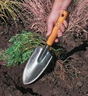 Digging in a garden with a short-handled trowel