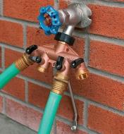 Four-Way Brass Manifold connected to faucet and two hoses