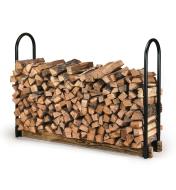 Firewood Storage Rack made with steel supports and 2 x 4s, filled with wood