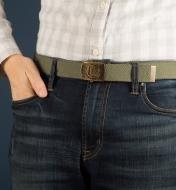 Green Lee Valley Belt worn with a pair of jeans