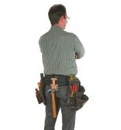 Back view of a man wearing the carpenter's four-piece apron set with the hammer holder at the back