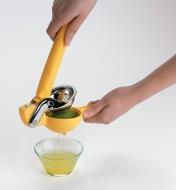 Personne extrayant le jus d'une lime dans un bol avec un presse-citron
