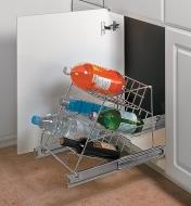 Angled Rack Pullout mounted in a cupboard, holding bottled beverages