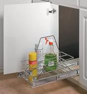 Basket Pullout mounted in a cupboard, holding cleaning supplies