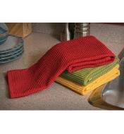 Set of 3 Ripple Towels (yellow, red, green) folded and piled on a kitchen counter