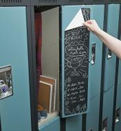 Peel-and-Stick Chalkboard Sheet adhered to the inside of a locker door