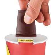 Pulling up the Rimroller to unroll the rim of the cup and reveal the message inside