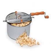 Whirley-Pop Popcorn Popper with popcorn overflowing
