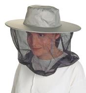 A woman wearing the Pocket Hat with the mosquito head net