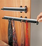 Two 14 1/2" Tie Racks mounted in a closet, one being pulled out, holding scarves