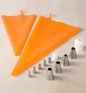 Silicone Piping Bags placed next to a selection of decorating tips and couplers