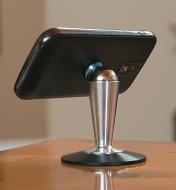 Phone attached to desktop pedestal, rotated to landscape orientation