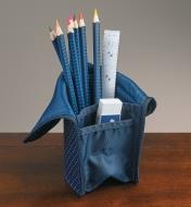 Stand-Up Pencil Case holding colored pencils, a ruler and an eraser
