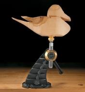 Wooden duck mounted on a Carver’s Vise Screw held in a Carver’s Vise 