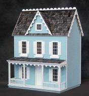 Front view of assembled and painted dollhouse