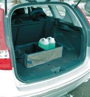 Small Trunk Organizer holding washer fluid bottles in a hatchback cargo area