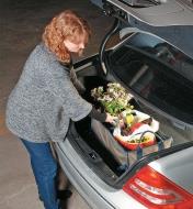 A woman places a potted plant in a Small Trunk Organizer in a car trunk
