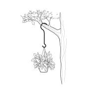 Illustration of an all-purpose garden hook hanging a planter from a tree