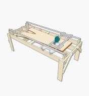 Illustration showing a wood slab positioned on the assembled router sled for flattening. The router sled and slab are supported on a wooden frame.