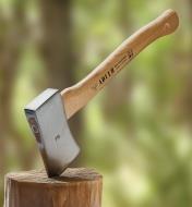 Yankee Hatchet blade embedded in a chopping block