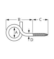 Diagramme montrant le diamètre de l'œil en A, la longueur du crochet en B, la longueur du filetage en C et le diamètre de la tige en acier inoxydable en D