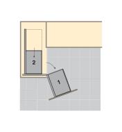 Top-view diagram shows installed blind-corner unit shelves moving as the cabinet door is opened