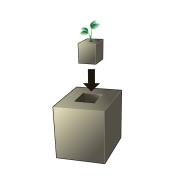 Illustration of seedling in soil cube being transferred into larger soil block made with soil block mold.