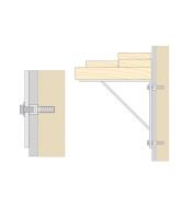 Illustrations showing cutaway view of installed nuts attaching a lumber shelf to a wall