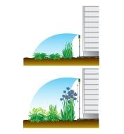 Diagram shows Telescoping Sprinkler Tower at a lower height as well as raised when plants are taller