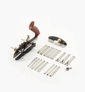 Small plow plane includes 11 straight blades, three tongue-cutting blades, three beading blades and a wide-blade conversion kit.