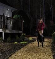 A woman walking a dog at night passes a house lit by a NetBright floodlight