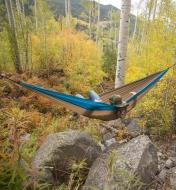 A person lying in a taupe/teal hammock hung between two trees in a forest