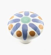 02W1501 - Bouton en céramique peint à la main, rayons de soleil bleus, 2 po