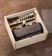 A Veritas router plane stored in a Veritas router plane box with blades, blade roll and accessories