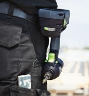 Festool TID 18 Cordless Impact Screwdriver attached to a belt with the included belt clip
