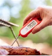 Personne insérant un thermomètre à mesure instantanée Javelin dans une poitrine de poulet sur un barbecue