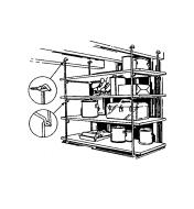 Illustrated example of of four shelves supported by four pairs of shelf hangers hooked together