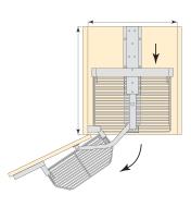 Top-view diagram of installed larger unit, with the cupboard door opening and the rear shelves sliding forward