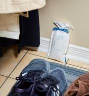 Dehumidifier bag placed near a shoe mat